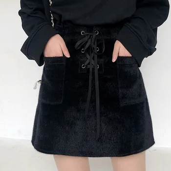 

Women Plus Size High Waist Strappy Skirt 2019 New Fashion Black Girl Imitation Mohair A-line Skirt for Female