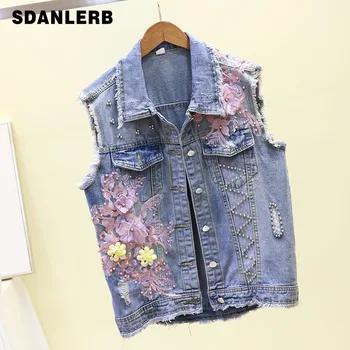 

New Fashion Sleeveless Denim Jacket Woman Spring/Summer New Beads Hole Embroidery Flower Waistcoat Girls Lady Basic Jackets