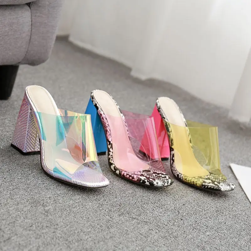 

Shoes Slippers Heels Big Size Shallow Slides Peep Toe Square heel Mixed Colors Fenty Beauty High Sliders Thin Luxury Fretwork
