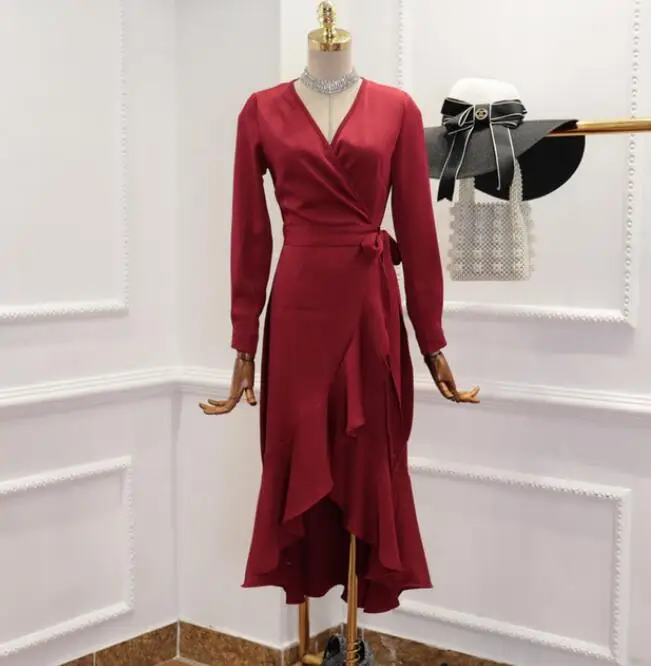 

2018 Autumn Winter Long Dress Women Sexy V Collar Tie Waist Irregular Lotus Leaf Maxi Dresses Girl Ladies Party Dress Vestido