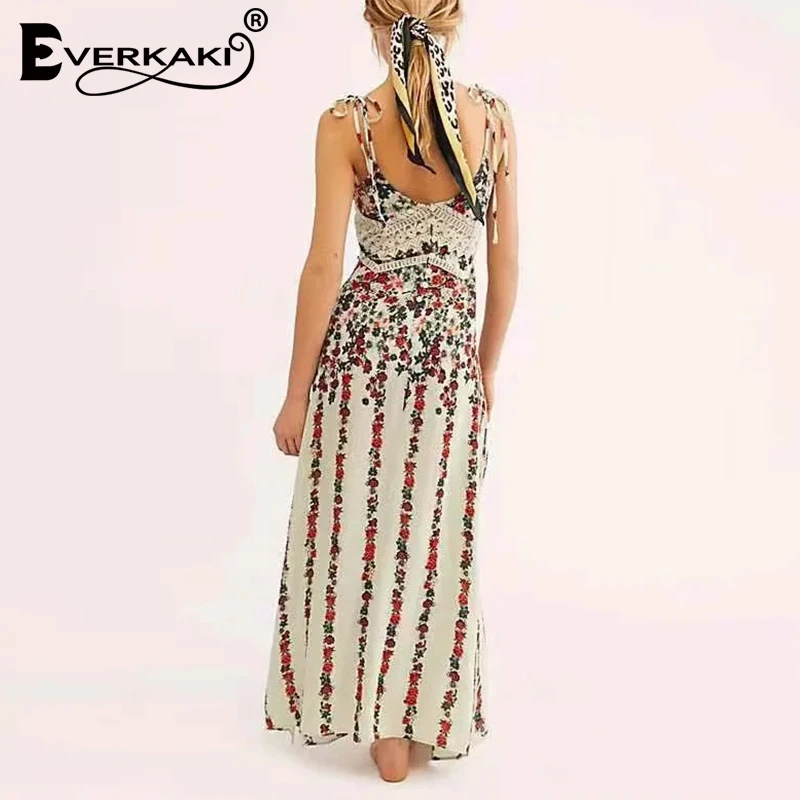 Everkaki платье без рукавов с v-образным вырезом и открытой спиной с цветочным рисунком женское Элегантное Длинное Макси платье с кружевным узором женское летнее