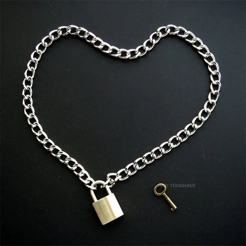 

2018 Men Women Unisex Handmade Chain Choker Punk Metal Necklace Square Lock Lockable Collar Heavy Duty Choker Necklace
