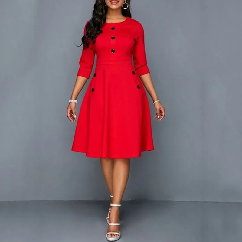 

Autumn Women Dress Vintage Button Pocket O-neck A-line Midi Gothic Dress Ladies Office Work Tunique Femme 2019 Red Balck Blue