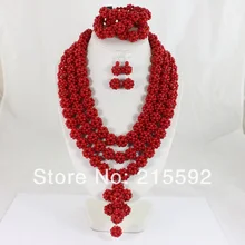 Африки Нигерии Свадьба Красный Коралловые Бусины комплект ювелирных изделий Цепочки и ожерелья браслет и Клипсы cj063