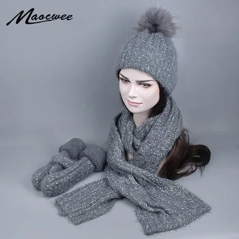 

Women Winter Hat and Scarf Gloves Set Fashion Cashmere Real Fur Pompom Cap Female Warm Knitted Hat Scarves