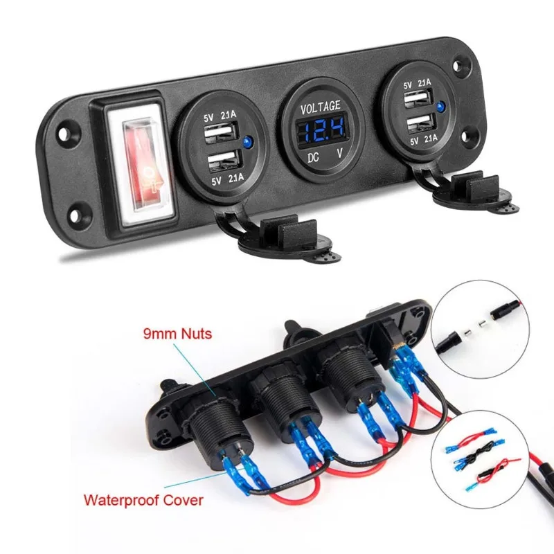 Синий Автомобиль Лодка Грузовик DC 12V 24V 4 USB зарядное устройство адаптер светодиодный вольтметр с переключателем панели 10166 - Название цвета: Синий