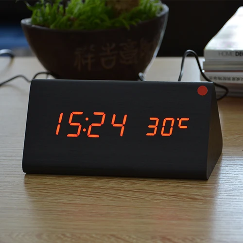 FiBiSonic деревянный светодиодный часы, Деревянный Будильник Календарь Термометр для подарка, управление звуками цифровые часы& Despertador - Цвет: black red