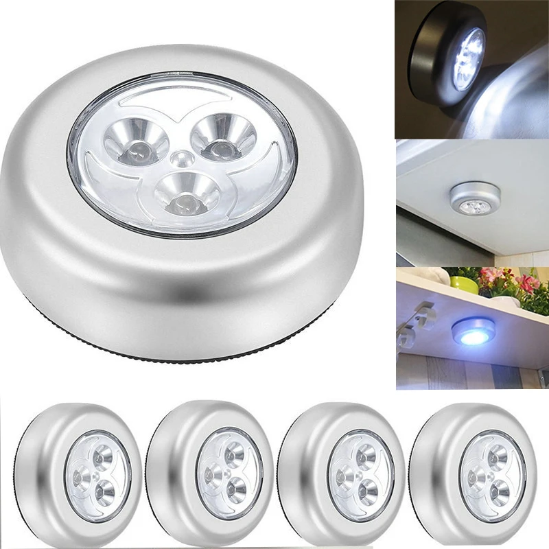 

3 LED Silver Closet Cabinet Lamp Battery Powered Wireless Stick Tap Touch Push Security Kitchen Bedroom Night Light 1PC
