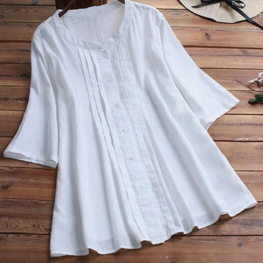 

tunic shirts Fashion Woman Casual Cotton and Linen Button V-Neck Tops blouse-women-summer boho clothing blouse femme blanche