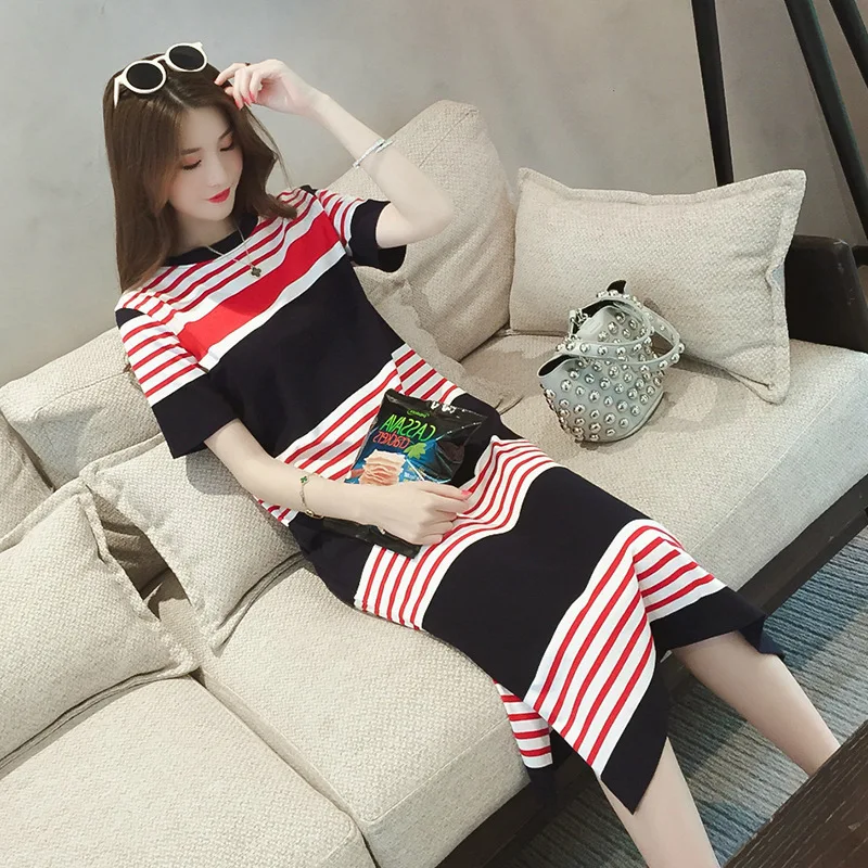 

Summer Maternity wear striped breastfeeding short sleeve Nursing dress pure color loose open-forked long T-shirt Pregnant Cloth