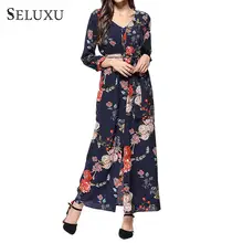 Seluxu 2019 New Summer Dress For Women V-Neck Long Dress Boho Chiffon Dress Party Dress Beach Dress Single-breasted Women Dress single breasted v neckline dress