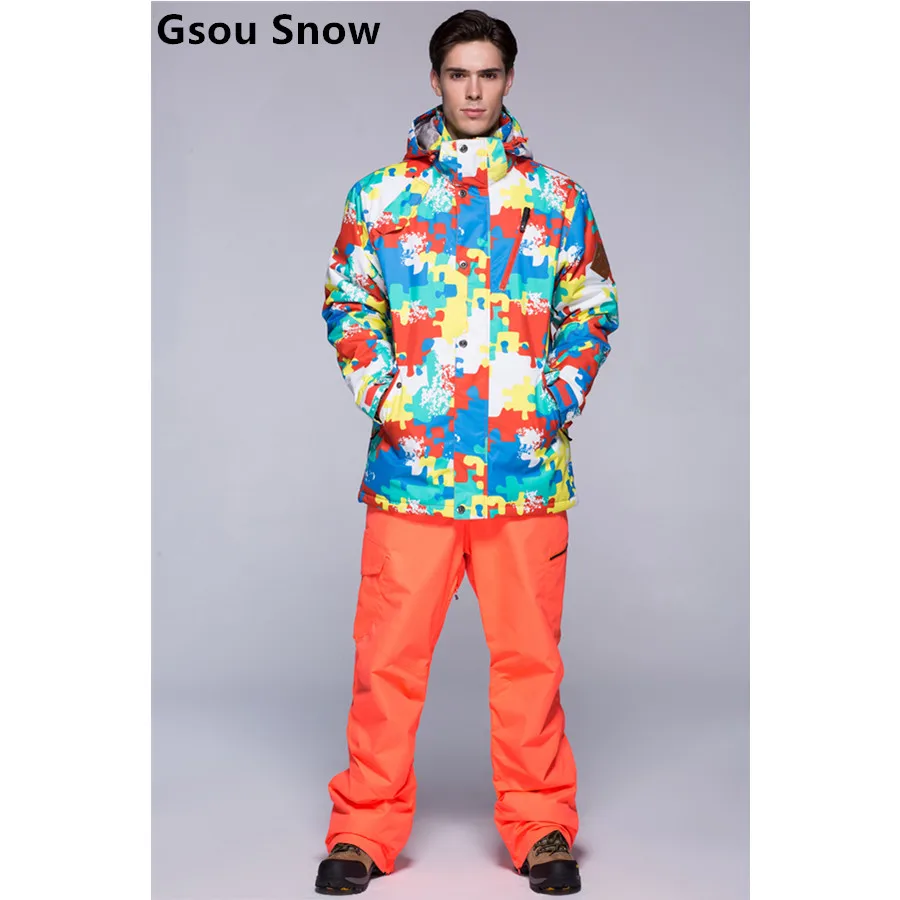 2015 Gsou snow mens ski suit male snowboarding suit multicolour skiwear