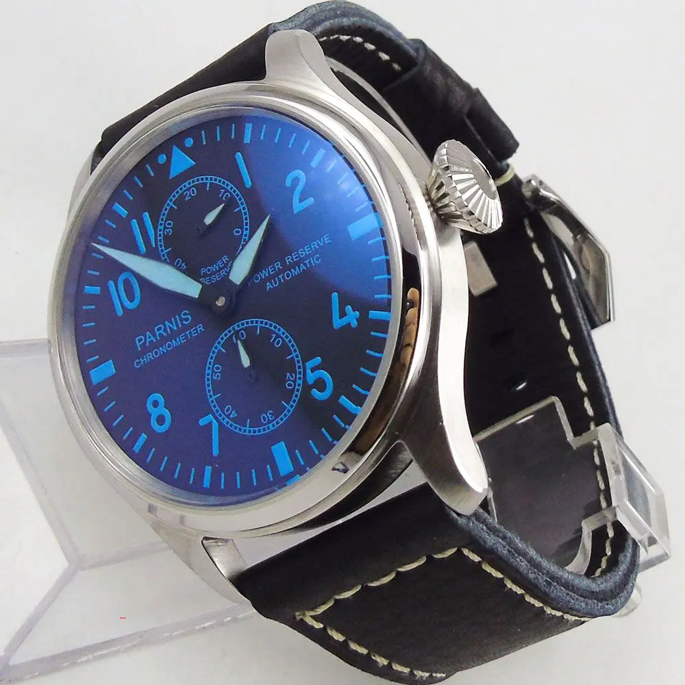 

PARNIS 47mm Automatic Men's Watch Blue Dial Power Reserve Function Brushed Case Leather Strap