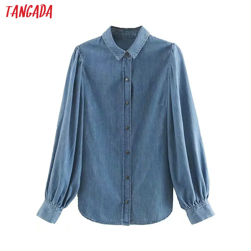 

Tangada women chic oversized denim blouse turn down collar puff sleeve female casual shirts stylish loose tops blusas 4M28