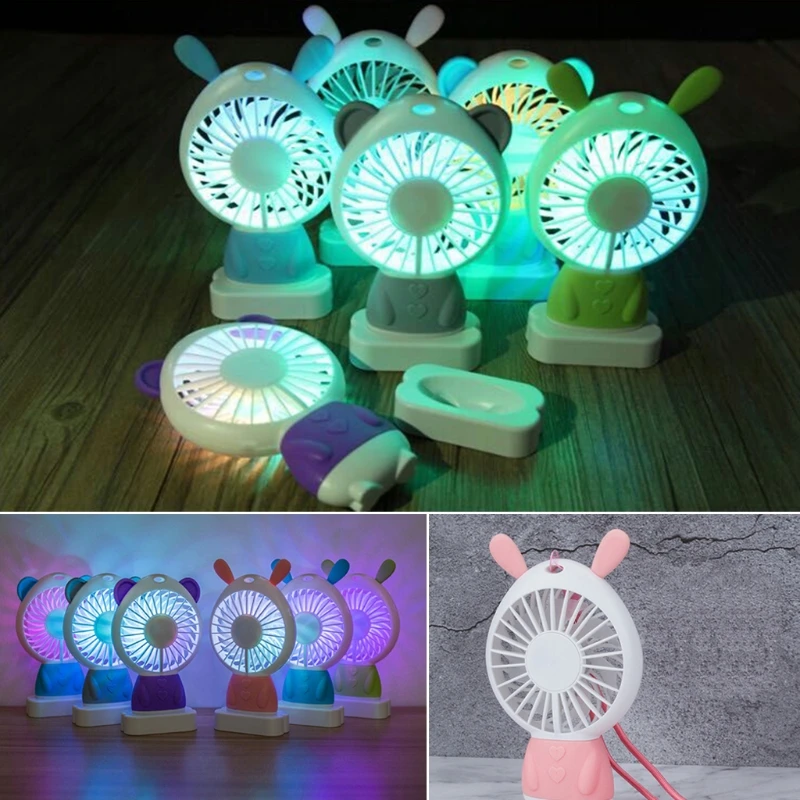 

Free_on Portable Handheld Mini Fans Cute Cartoon Rabbit Shape Air Cooler USB Electric LED Night Light Desktop Cooling Fan