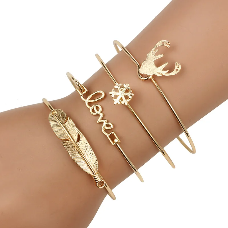 

4pcs/set Gold Color Snowflake Letter Leaves Bracelet Bohemian Geometric Metal Chain Bracelet Cuff Bangle Statement Jewelry
