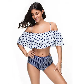 

KNLPJYQ Off-shoulder Swimwear High Waist Bikini Set Polka Dot Flounced Swimsuit Two Piece 2018 Women Hollow Bathing Suits