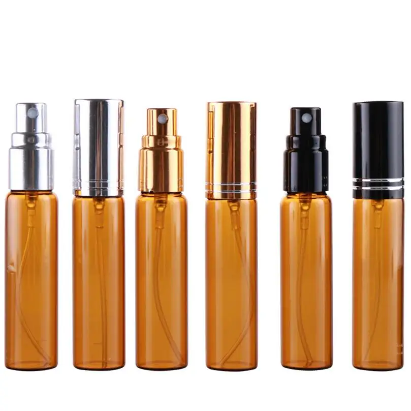 

Wholesale 5ml 10ml empty amber glass spray essential oil perfume bottles with aluminum cap