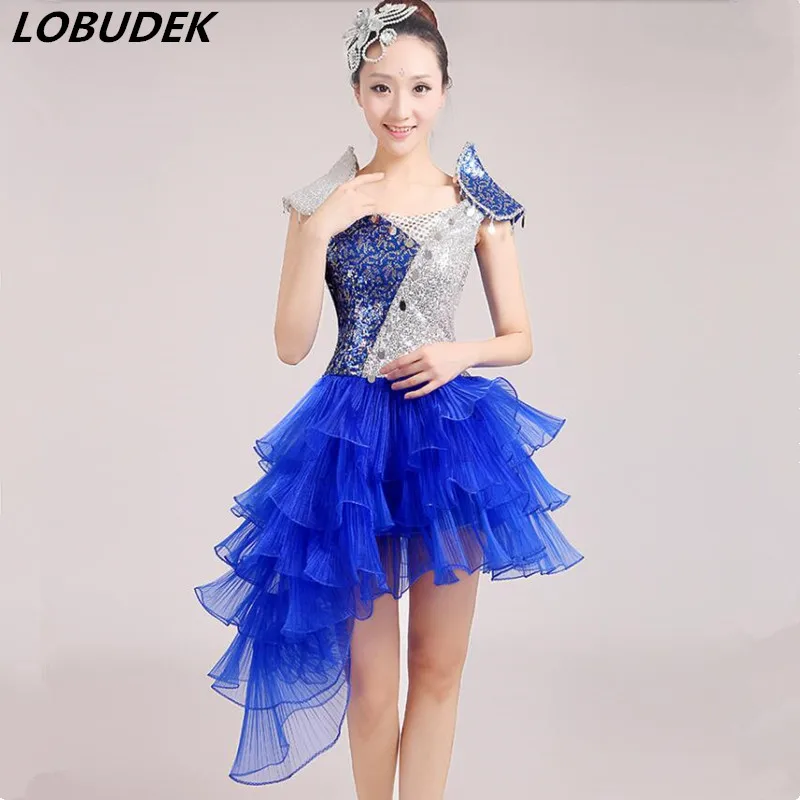 

Female Modern dance stage costume Teams Jazz DJ DS Costumes Blue Sequins Slim Tails Dress Clubs Cheering squad show stage wears