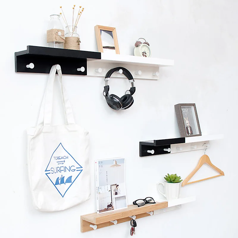 Household Wall Hanging Creative Wooden Iron Storage Rack Holder W// Hooks
