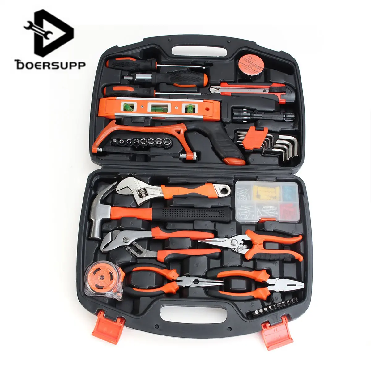

DOERSUPP 106Pcs Screwdriver Wrench Plier Hammer Ruler Lsaer Level Saw Flashlight Home Tool Set Kit Box Hand Tool Sets