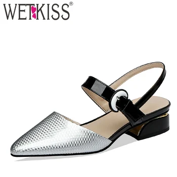 

WETKISS Emboss Cow Leather Sandals Women 2019 New Thick Low Heels Sandals Woman Office Summer Shoes Female Fashion Buckle Shoes