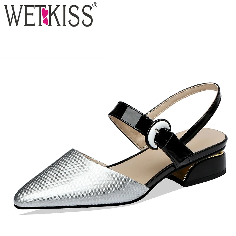 Женские сандалии из воловьей кожи WETKISS летние офисные на толстом низком каблуке