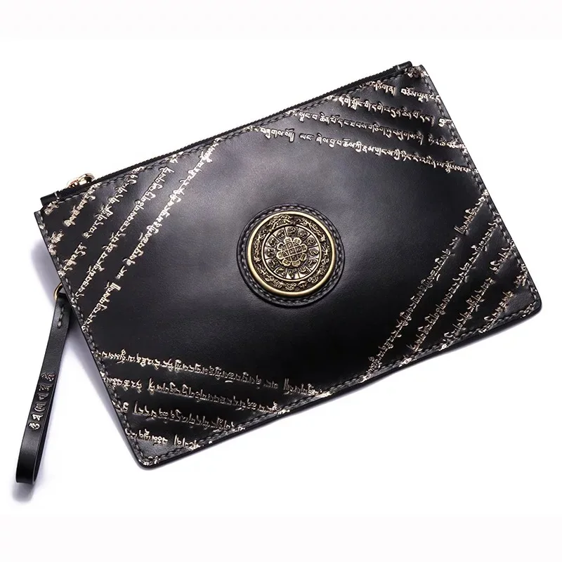 

Embossing Tibetan Buddhism Sanskrit Designer Genuine Leather Zipper Closure Men Wristlets Bag Male Large Black Gold Clutch Purse