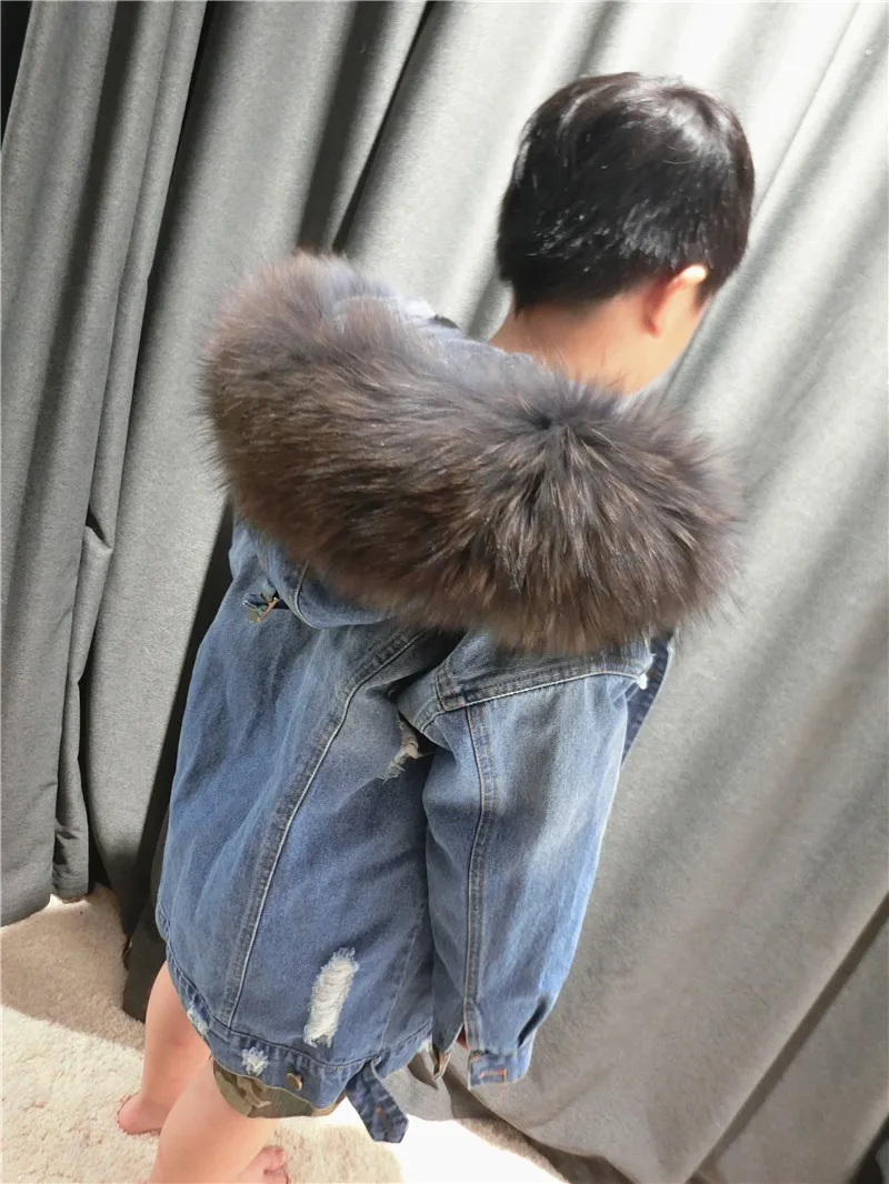 Пальто с мехом для девочек детские куртки с натуральным кроличьим мехом джинсовое пальто с капюшоном для маленьких девочек теплые парки зимнее пальто для мальчиков плотный детский зимний комбинезон