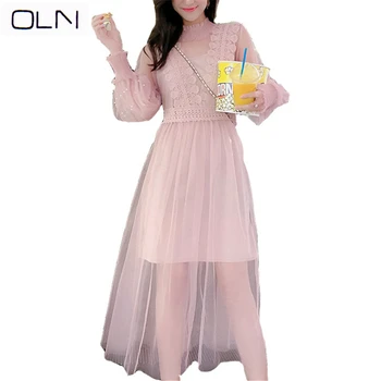 

ONLdress Korean Vestidos wholesale new arrival spring summer Mesh stitching lace camouflage sleeve two-piece dress