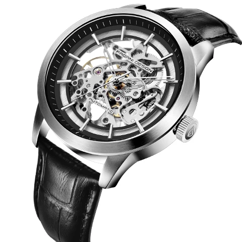 PAGANI Marque Creux кожаный Les loisirs Hommes de Montres De роскошные механические часы Montre homme Nouveau Relogio Masculino - Цвет: Black silver