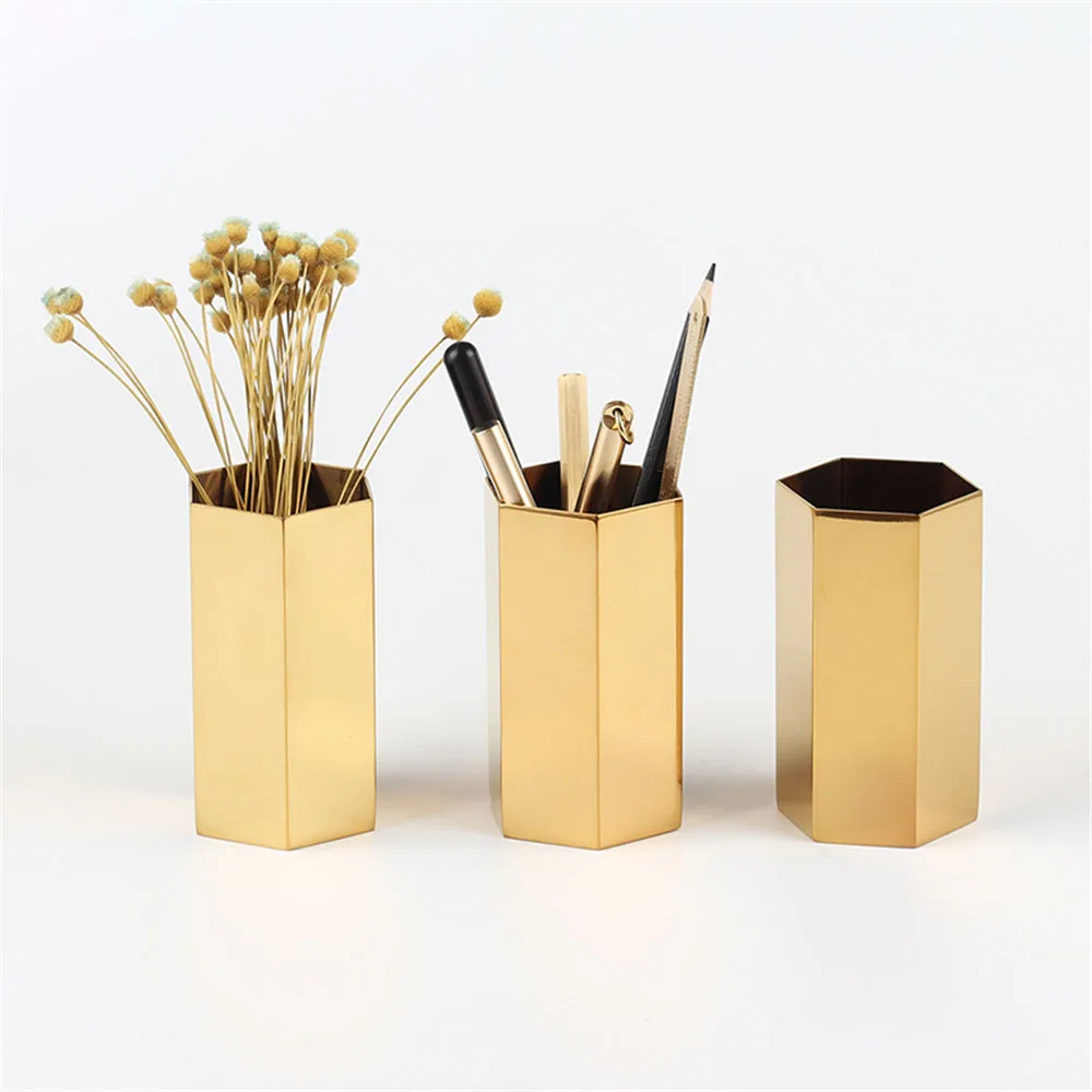 

Hexagon Golden Storage Jars Pencil Holder Chic European Stainless Steel Hexagonal Flower Machine Flower Vase Metal Storage Jar