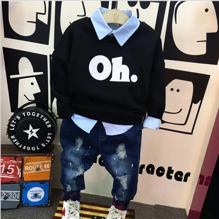 

Fashion children spring and autumn suit boy children's clothing children's letter sweater + shirt + jeans three-piece suit 2-7Y