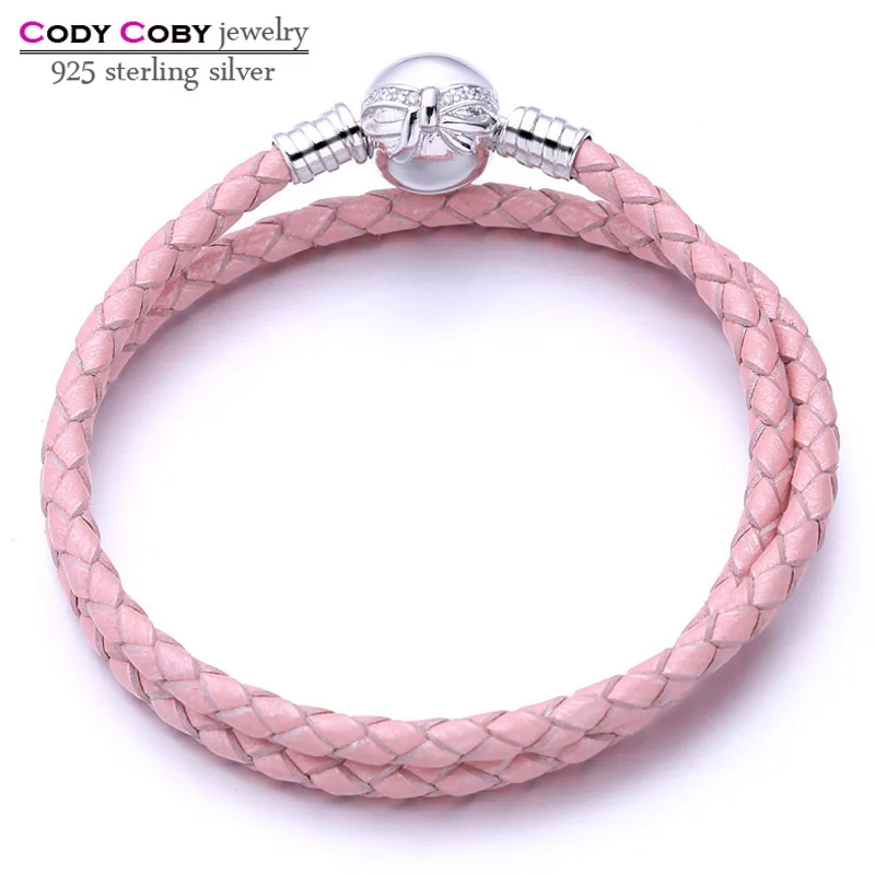 

Genuine Long Double Pink Braided Leather Snake Chain Women Bracelets with 925 Sterling Silver Knot Clasp Bow Bracelet Jewelry
