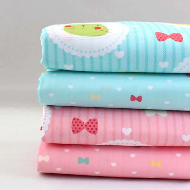 

50*40CM 4PCS turquoise pink cat bowknot Heart shape Print Cotton Fabric Bundle DIY Patchwork Sewing Baby Toy Quilting cloth