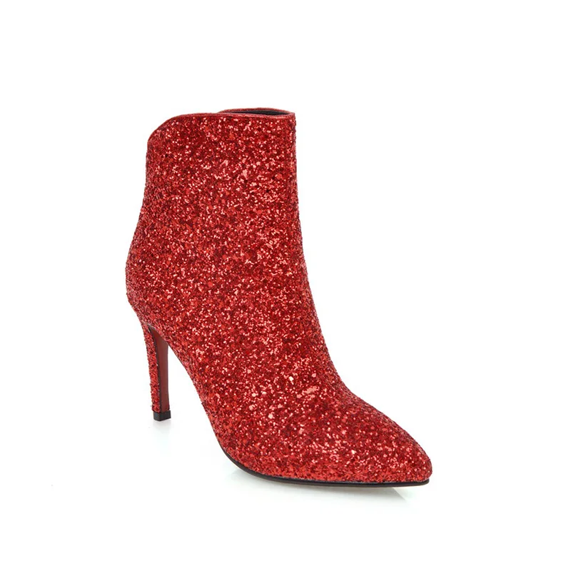 WETKISS/; шикарные расшитые блестками сапоги; женская обувь; большие размеры; женские ботильоны на высоком каблуке; модные ботинки золотистого цвета с острым носком на молнии - Цвет: Красный
