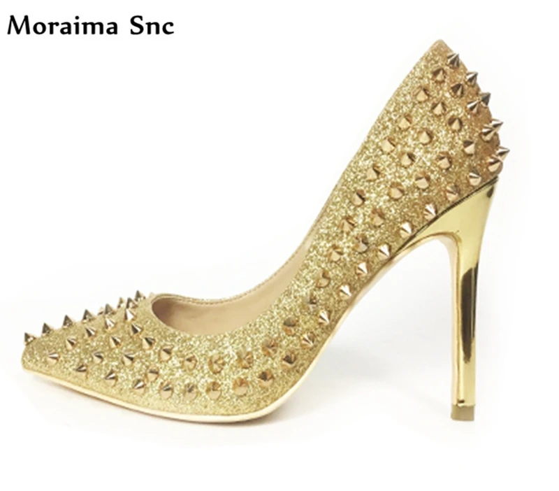 

Moraima Snc newest chic women pumps thin heel shallow slip-on high heel pointed toe Rivet Studded concise type wedding shoes