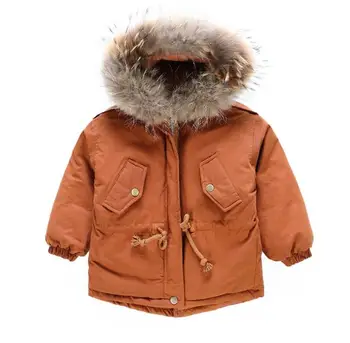

Children 2018 winter warm cotton clothes boys solid color natural fur collar thick warm waist jacket