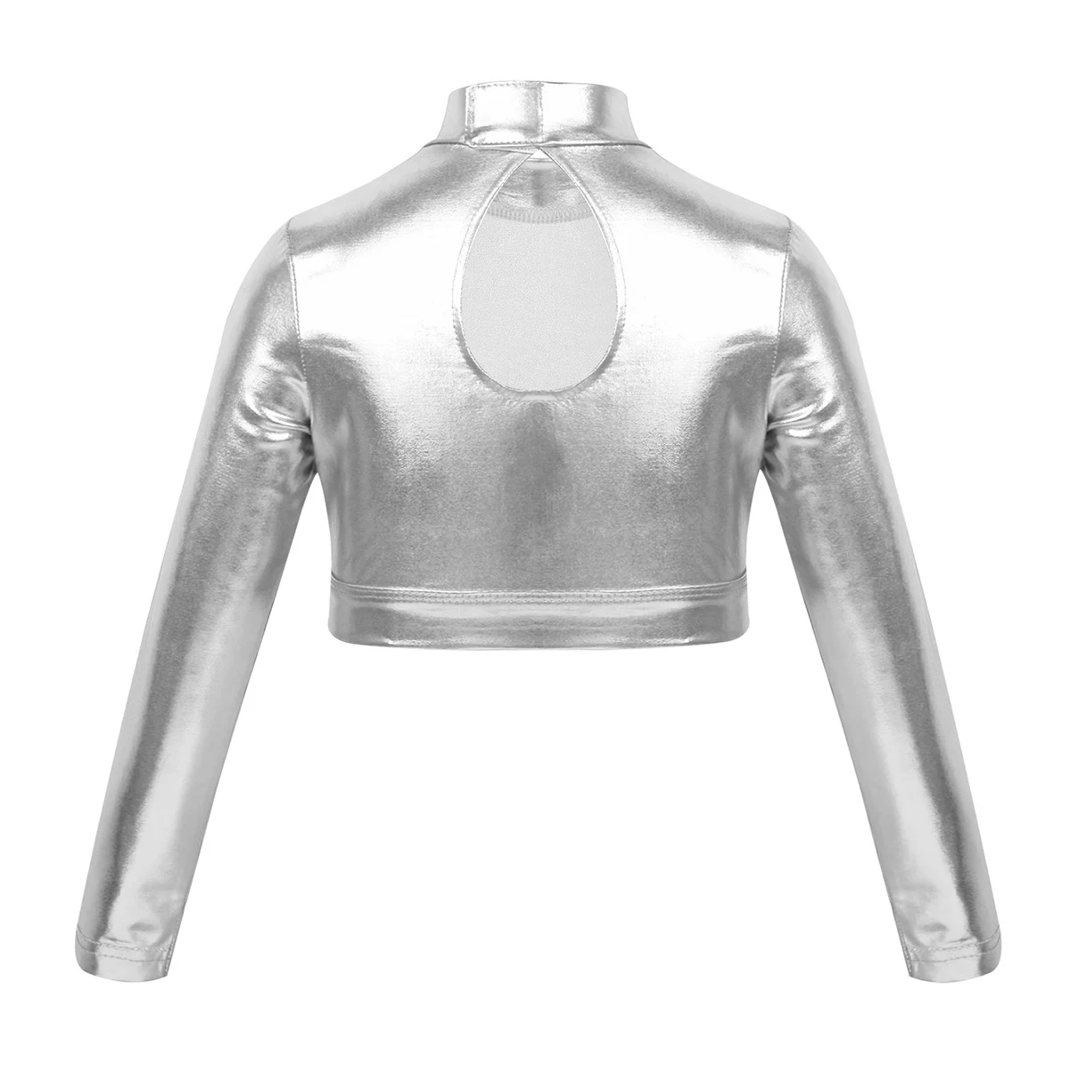 Children Kids Girls Long Sleeves Mock Neck Glossy Metallic Tops Crop Top for Dancing Stage Performance Ballet Class Dancewear