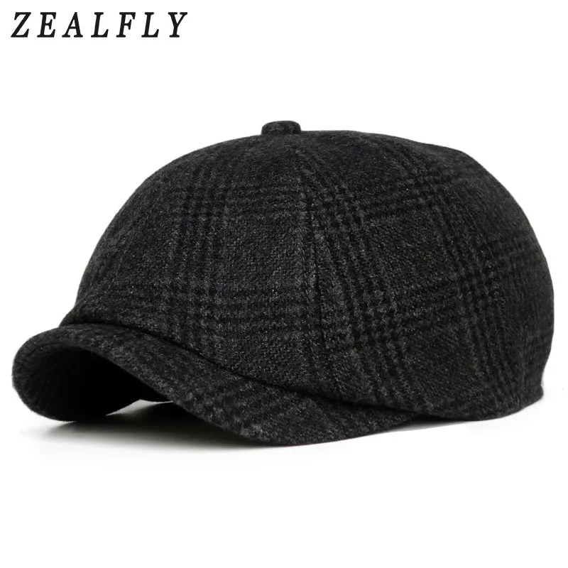 

High Quality Plus Size Plaid Wool Octagonal Cap Female Beret Autumn Winter Fashion Casual Flat Caps For Men New Peaked Caps