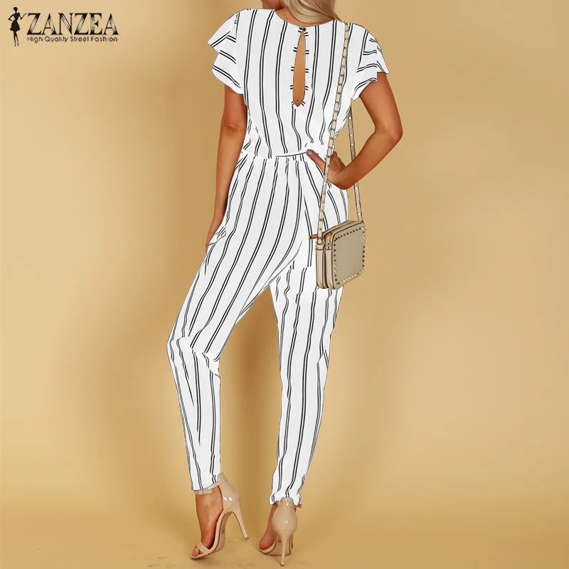S 5XL ZANZEA 2018 Summer Sexy Deep V Neck Party Jumpsuit Women High Waist Striped Overalls Short Sleeve Long Turnip Bodysuit
