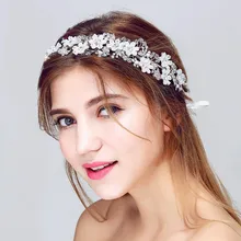 Dower me Silver Beaded Floral Bridal Headband Handmade Wedding Hair Accessories Women Jewelry Crystal Headbands with ribbon