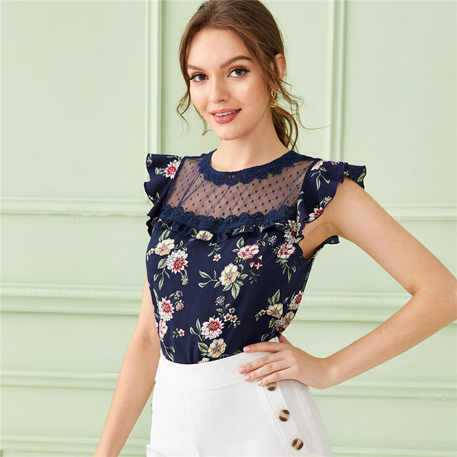 FREE SHIPPING Navy Ruffle Trim Mesh Yoke Floral Print Elegant Blouse ...