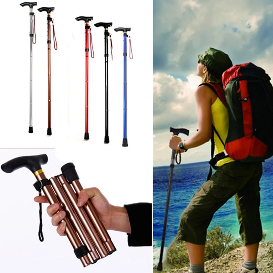 Bastón de senderismo trekking ultraligero 4 Sección bastones ajustables aleación de aluminio plegable bastón baston Bastón de senderismo trekking ultraligero 4 Sección bastones ajustables aleación de aluminio plegable bastón baston