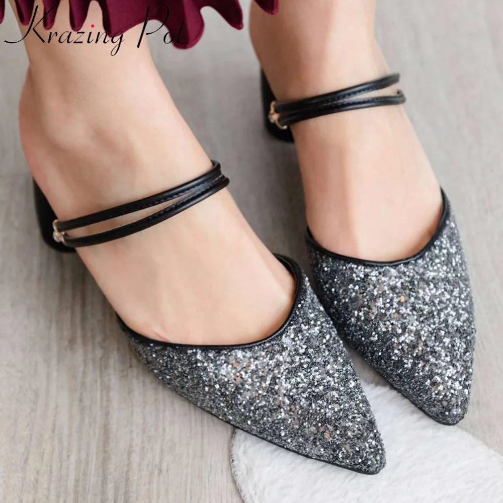 

Krazing pot new sequined superstars slip on mules oxford pointed toe strange style high heels slingback wedding party pumps L88