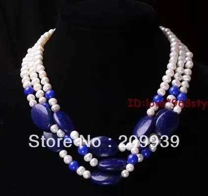 

hot sell- huij 001169 Genuine 7-8mm High Grade White Pearl Mixing Natural Shine Lapis strand Necklace -Top quality free shipping