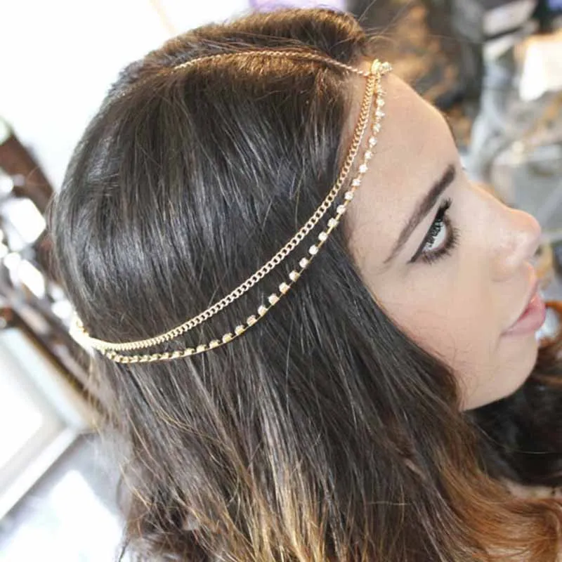 

Fashion Women Head Jewelry Gold Rhinestone Zircon Head Hair Chain Wedding Bridal Hair Accessories Charm Gold Headband Bijoux
