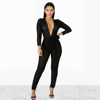 

Women Sexy Striped Sheer Mesh Jumpsuit Deep V-Neck Long Sleeve Slim Bodycon Rompers With Sashes Night Club Party Overalls