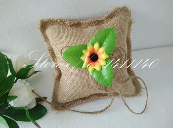 

Natural Burlap Ring Bearer Pillow with Sun Flower & Jute Twine Detail for Rustic Wedding Decoration Supplies 5.9" x 5.9"