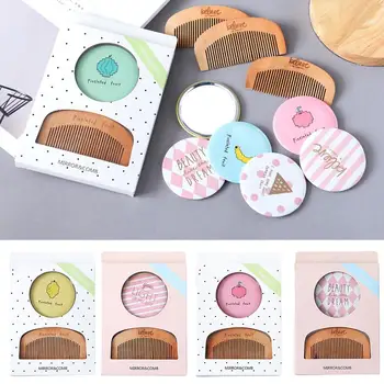 

Hot Hairstyle Tool Portable Cute Fruit Printed Pocket Mirror + Wooden Hair Brush Comb Set Gift